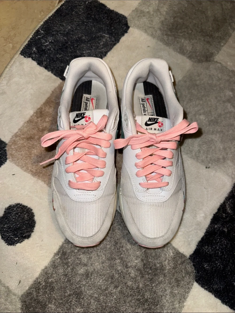 Nike Patchwork White Sneakers with Green Swoosh and Pink Laces
